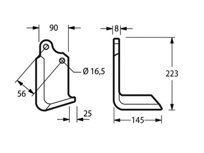 Faca Dt. 90x8mm Altura: 223mm. Centros de orifícios em: 56mm. Orifício Ø: 16.5mm. para Maschio, Valentini, Alpego (S.149226)