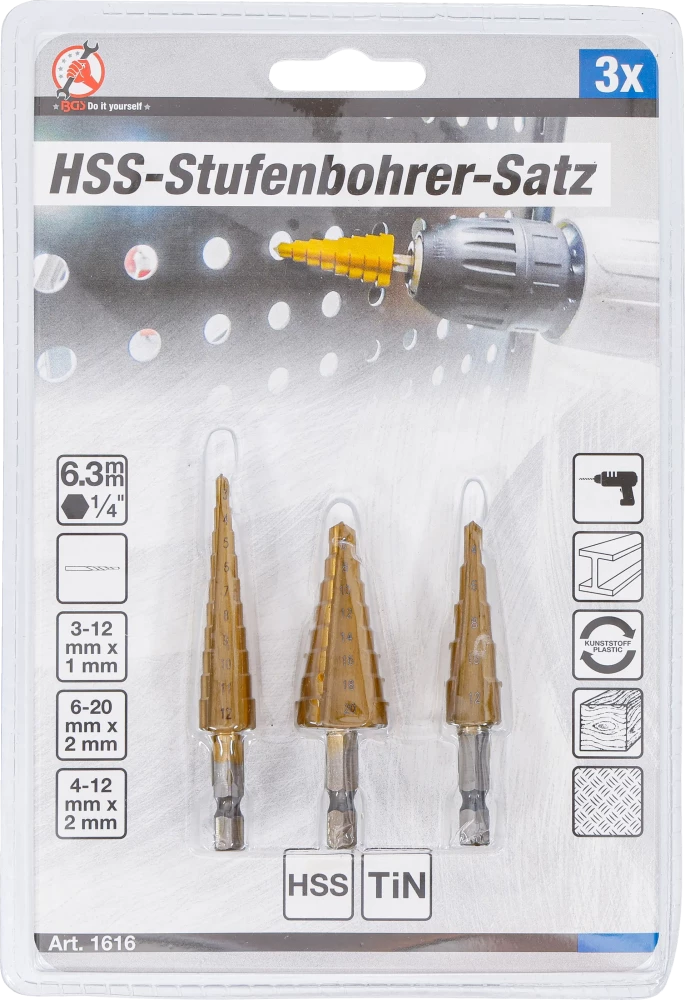 Conjunto de brocas escalonadas HSS | 3 - 20 mm | 3 peças