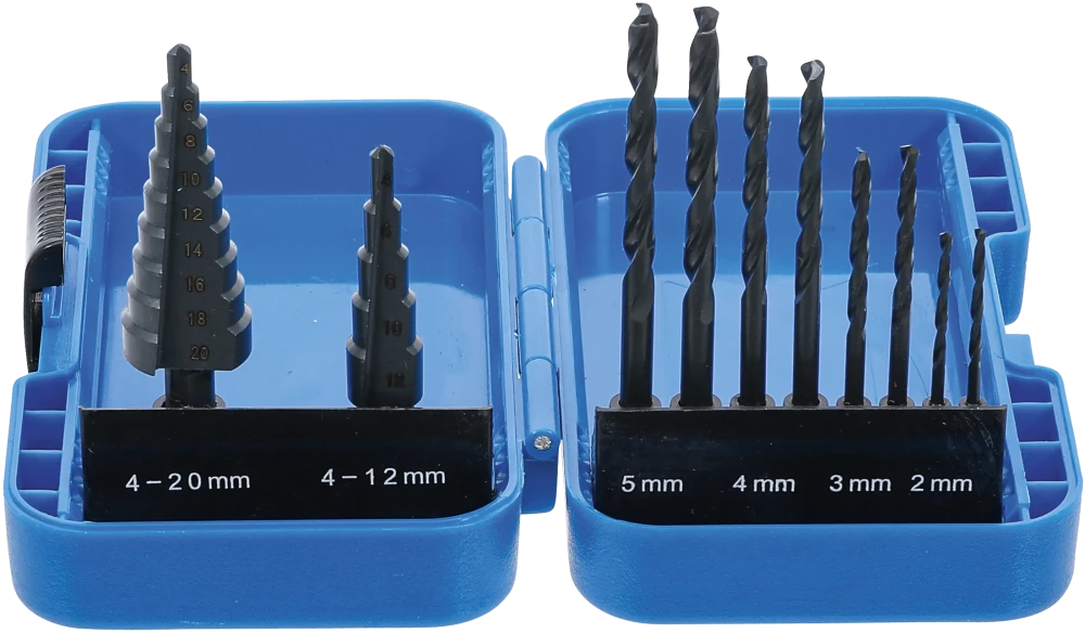 Conjunto de brocas escalonadas e brocas helicoidais | HSS | 4 - 12 / 4 - 20 mm | 2 - 5 mm | 10 peças
