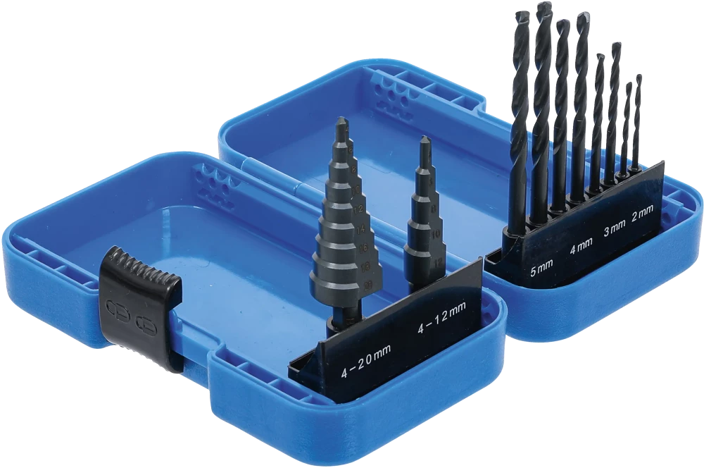Conjunto de brocas escalonadas e brocas helicoidais | HSS | 4 - 12 / 4 - 20 mm | 2 - 5 mm | 10 peças