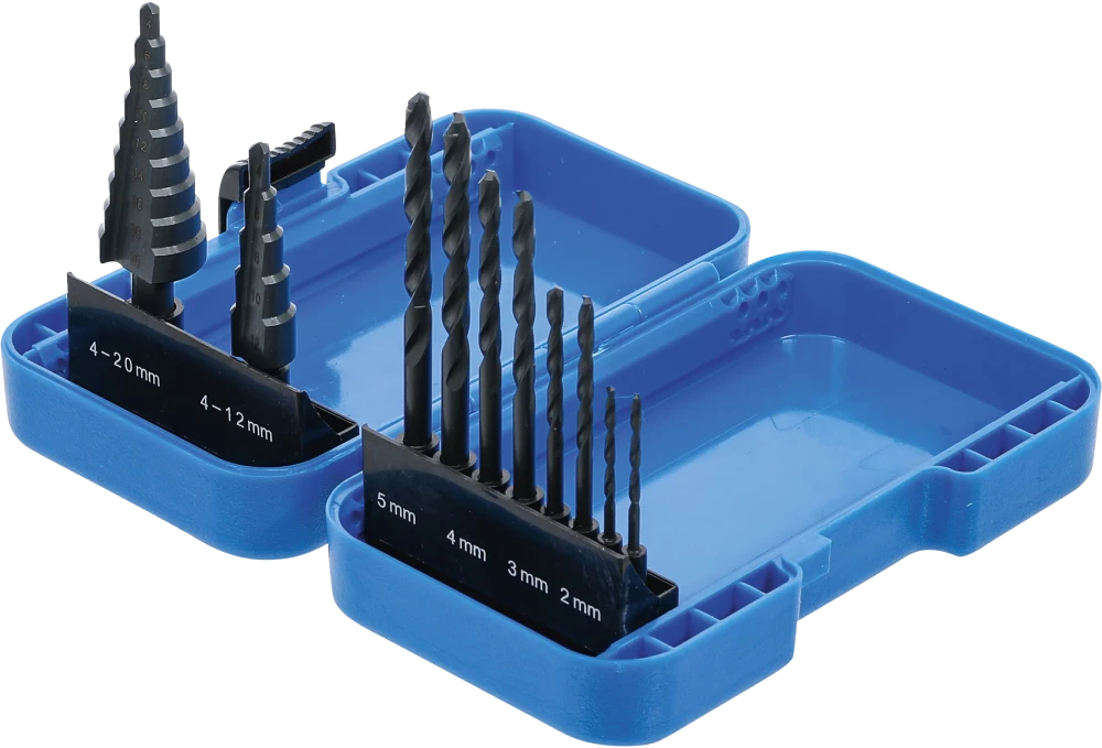 Conjunto de brocas escalonadas e brocas helicoidais | HSS | 4 - 12 / 4 - 20 mm | 2 - 5 mm | 10 peças