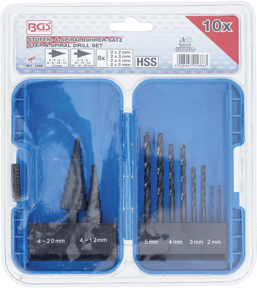 Conjunto de brocas escalonadas e brocas helicoidais | HSS | 4 - 12 / 4 - 20 mm | 2 - 5 mm | 10 peças