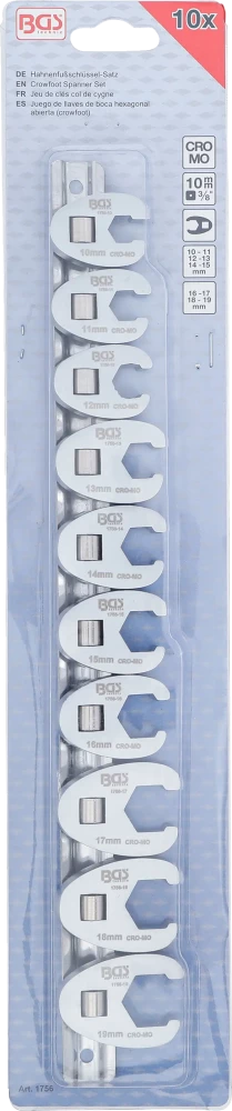 Conjunto de chaves hexagonais de boca aberta | Entrada de quadrado interno de 10 mm (3/8") | 10 - 19 mm | 10 peças