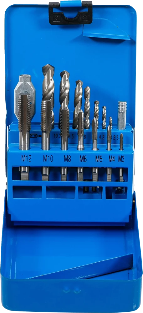 Conjunto de tarraxas/brocas de HSS | M3 - M12 / 2,5 - 10,2 mm | 16 peças