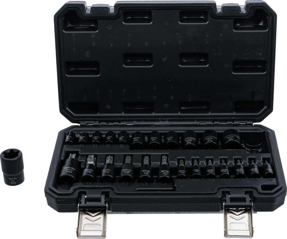 Conjunto de encaixes de chaves de caixa/encaixes de pontas | Entrada de quadrado interno de 6,3 mm (1/4"), 10 mm (3/8"), 12,5 mm (1/2") | Perfil em E / Perfil em T (para Torx) | 25 peças