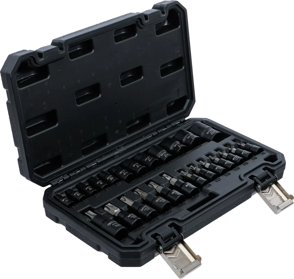 Conjunto de encaixes de chaves de caixa/encaixes de pontas | Entrada de quadrado interno de 6,3 mm (1/4"), 10 mm (3/8"), 12,5 mm (1/2") | Perfil em E / Perfil em T (para Torx) | 25 peças
