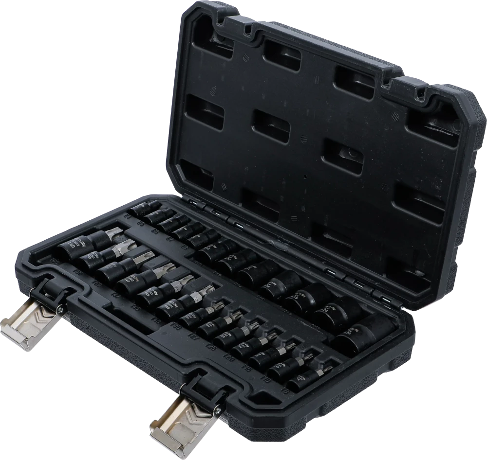Conjunto de encaixes de chaves de caixa/encaixes de pontas | Entrada de quadrado interno de 6,3 mm (1/4"), 10 mm (3/8"), 12,5 mm (1/2") | Perfil em E / Perfil em T (para Torx) | 25 peças