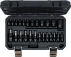 Conjunto de encaixes de chaves de caixa/encaixes de pontas | Entrada de quadrado interno de 6,3 mm (1/4"), 10 mm (3/8"), 12,5 mm (1/2") | Perfil em E / Perfil em T (para Torx) | 25 peças