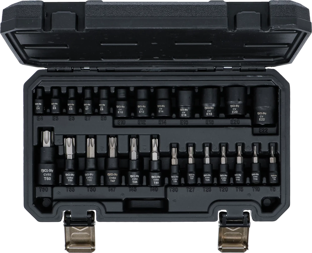 Conjunto de encaixes de chaves de caixa/encaixes de pontas | Entrada de quadrado interno de 6,3 mm (1/4"), 10 mm (3/8"), 12,5 mm (1/2") | Perfil em E / Perfil em T (para Torx) | 25 peças