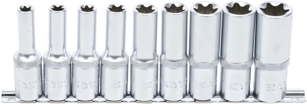 Conjunto de encaixes para chave de caixa perfil em E, profundos | Entrada de quadrado interno de 12,5 mm (1/2") | E10 - E24 | 9 peças