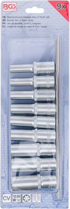 Conjunto de encaixes para chave de caixa perfil em E, profundos | Entrada de quadrado interno de 12,5 mm (1/2") | E10 - E24 | 9 peças