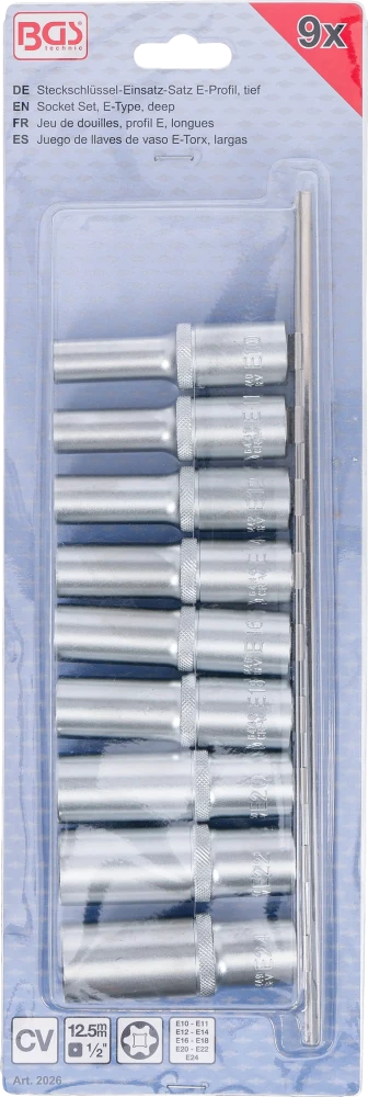 Conjunto de encaixes para chave de caixa perfil em E, profundos | Entrada de quadrado interno de 12,5 mm (1/2") | E10 - E24 | 9 peças