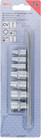 Conjunto de encaixes para chave de caixa perfil em E | Entrada de quadrado interno de 6,3 mm (1/4") / 10 mm (3/8") | E6 - E16 | 7 peças
