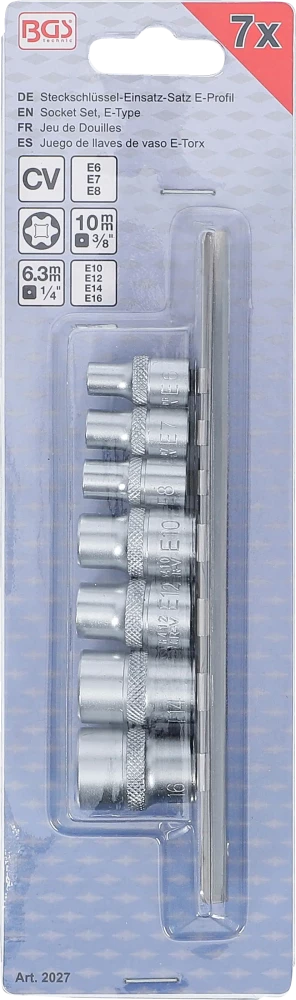 Conjunto de encaixes para chave de caixa perfil em E | Entrada de quadrado interno de 6,3 mm (1/4") / 10 mm (3/8") | E6 - E16 | 7 peças