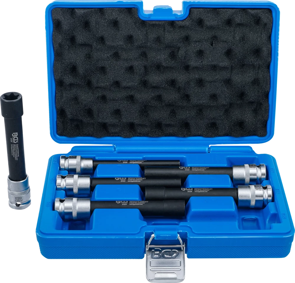 Conjunto de encaixes para chave de caixa perfil em E, extra compridos | Entrada de quadrado interno de 12,5 mm (1/2") | E10 - E20 | 6 peças