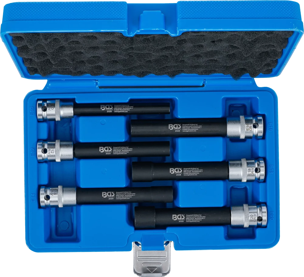 Conjunto de encaixes para chave de caixa perfil em E, extra compridos | Entrada de quadrado interno de 12,5 mm (1/2") | E10 - E20 | 6 peças