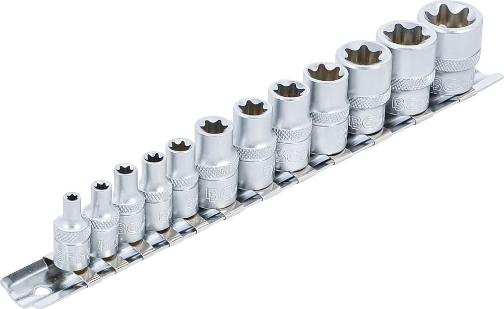 Conjunto de encaixes para chave de caixa perfil em E | Entrada de quadrado interno de 6,3 mm (1/4") / 10 mm (3/8") | E4 - E20 | 12 peças