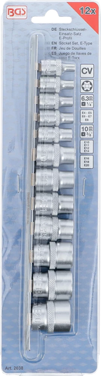 Conjunto de encaixes para chave de caixa perfil em E | Entrada de quadrado interno de 6,3 mm (1/4") / 10 mm (3/8") | E4 - E20 | 12 peças