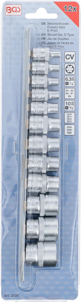 Conjunto de encaixes para chave de caixa perfil em E | Entrada de quadrado interno de 6,3 mm (1/4") / 10 mm (3/8") | E4 - E20 | 12 peças