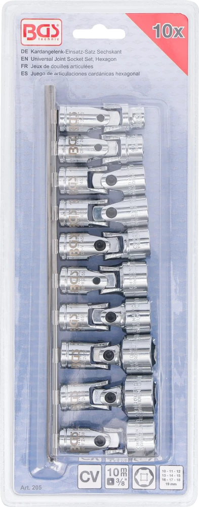 Conjunto de encaixes para junta de cardã sextavados | Entrada de quadrado interno de 10 mm (3/8") | 10 - 19 mm | 10 peças