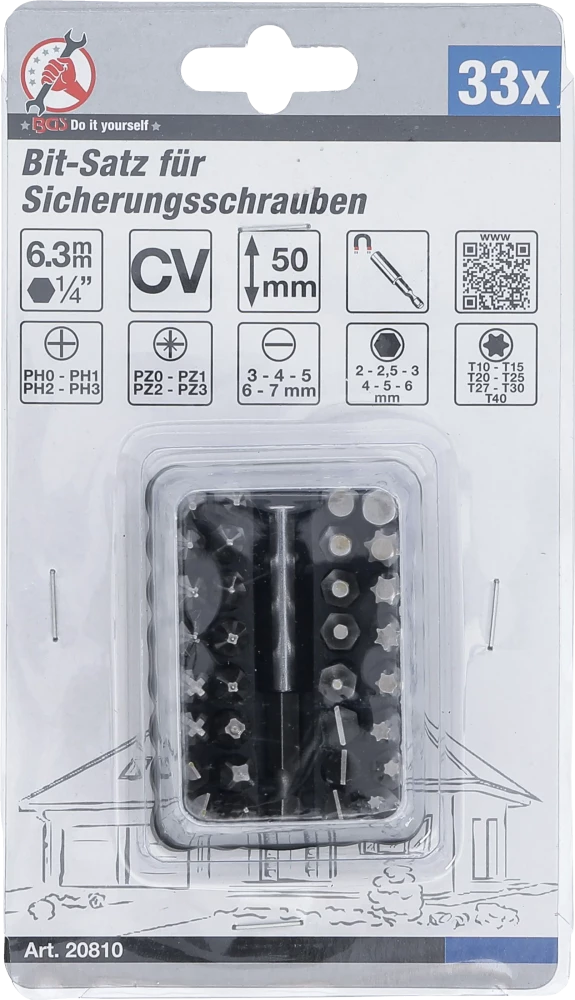 Conjunto de pontas para parafusos de fixação | Entrada de sextavado externo 6,3 mm (1/4") | 33 peças