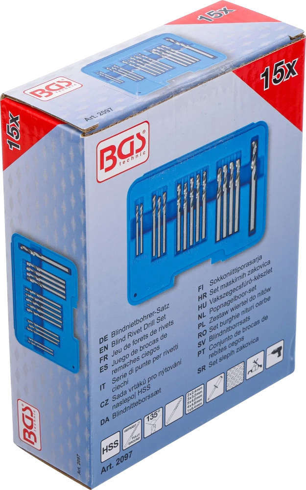 Conjunto de brocas de rebites cegos | HSS | 2,4 - 6,4 mm | 15 peças