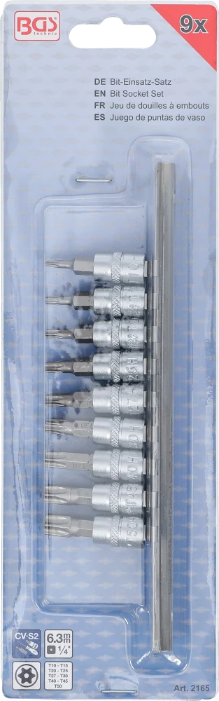 Conjunto de Encaixes para Pontas Torx com Furo | 1/4" | T10 - T50 | 9 peças