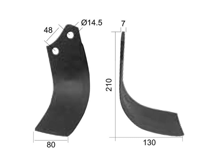 Faca Esq. 80x7mm Altura: 210mm. Centros de orifícios em: 48mm. Orifício Ø: 14.5mm. para Maschio Aplicavel em: 29100403 (S.21996)