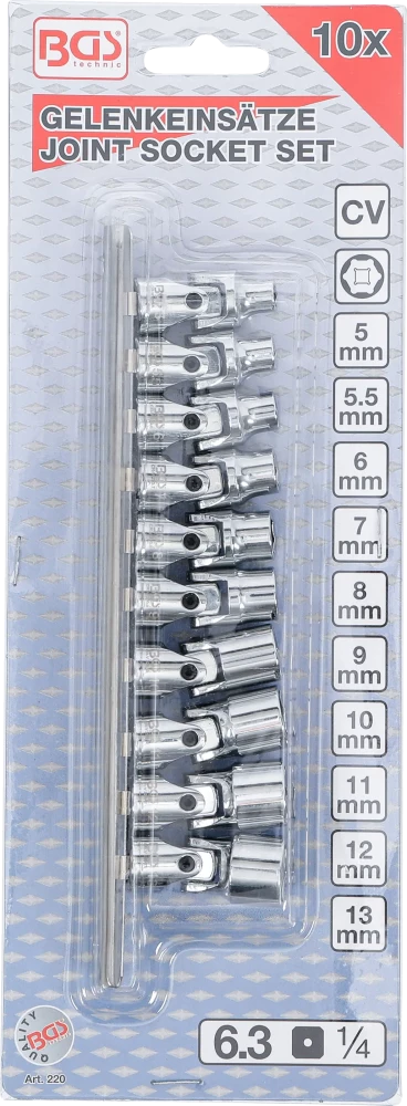 Conjunto de chaves de caixa articuladas | Entrada de quadrado interno de 6,3 mm (1/4") | 5 - 13 mm | 10 peças