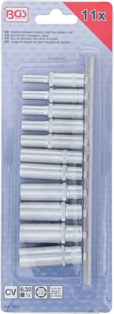 Conjunto de encaixes para chave de caixa sextavados, profundos | Entrada de quadrado interno de 6,3 mm (1/4") | 4 - 13 mm | 11 peças