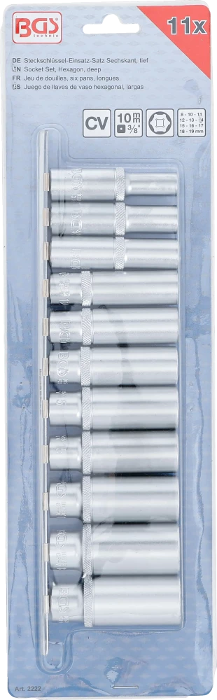 Conjunto de encaixes para chave de caixa sextavados, profundos | Entrada de quadrado interno de 10 mm (3/8") | 8 - 19 mm | 11 peças