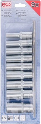 Conjunto de encaixes para chave de caixa sextavados, profundos | Entrada de quadrado interno de 12,5 mm (1/2") | 10 - 24 mm | 9 peças