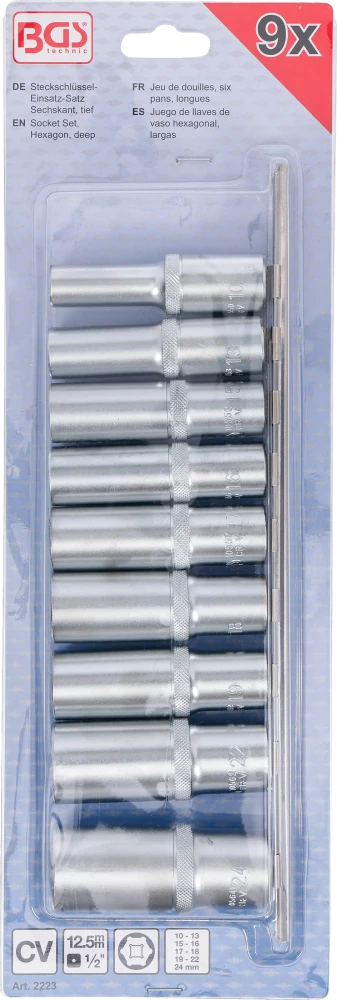 Conjunto de encaixes para chave de caixa sextavados, profundos | Entrada de quadrado interno de 12,5 mm (1/2") | 10 - 24 mm | 9 peças