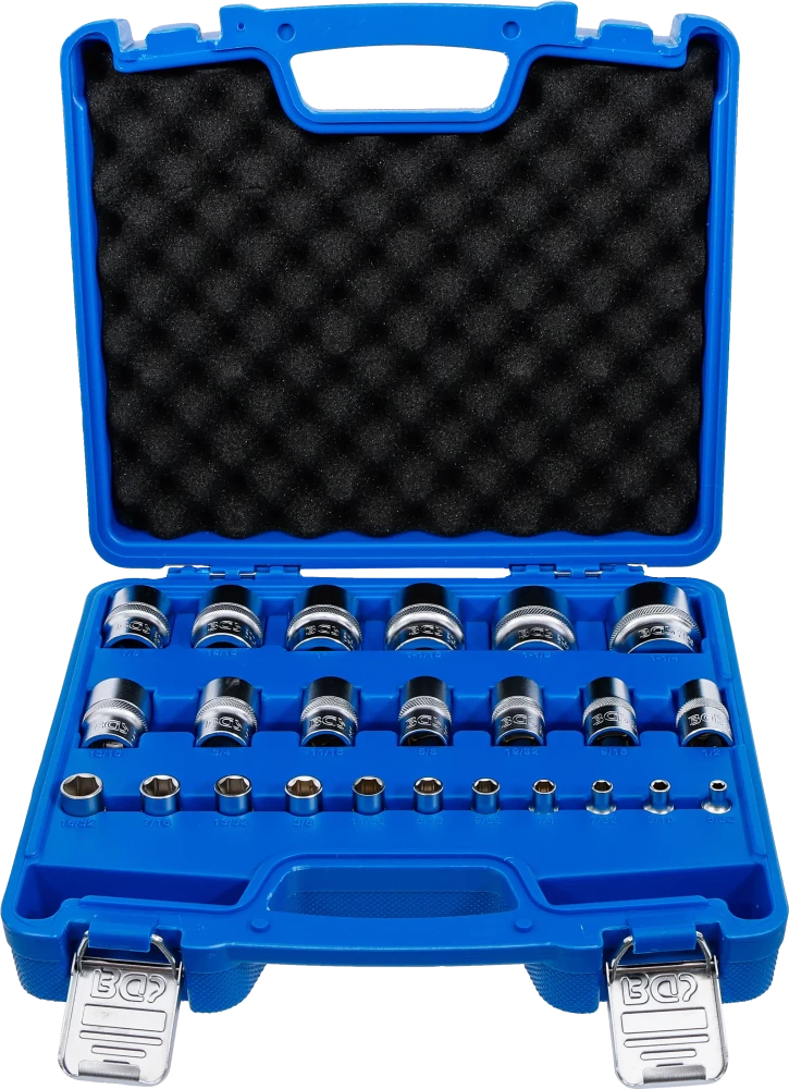 Conjunto de encaixes para chave de caixa, sextavados | Entradas de quadrado interno de 6,3 mm (1/4"), 12,5 mm (1/2") | dimensões em polegadas | 24 peças