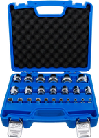 Conjunto de encaixes para chave de caixa, sextavados | Entradas de quadrado interno de 6,3 mm (1/4"), 12,5 mm (1/2") | dimensões em polegadas | 24 peças