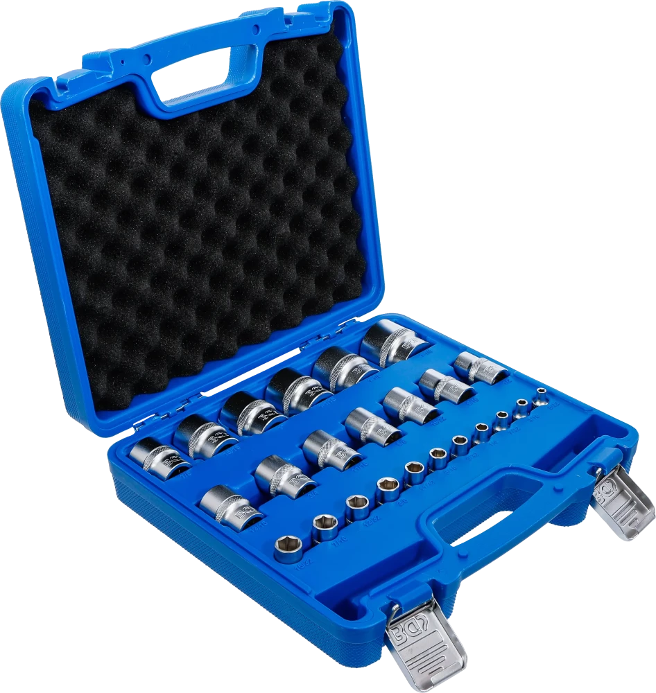 Conjunto de encaixes para chave de caixa, sextavados | Entradas de quadrado interno de 6,3 mm (1/4"), 12,5 mm (1/2") | dimensões em polegadas | 24 peças