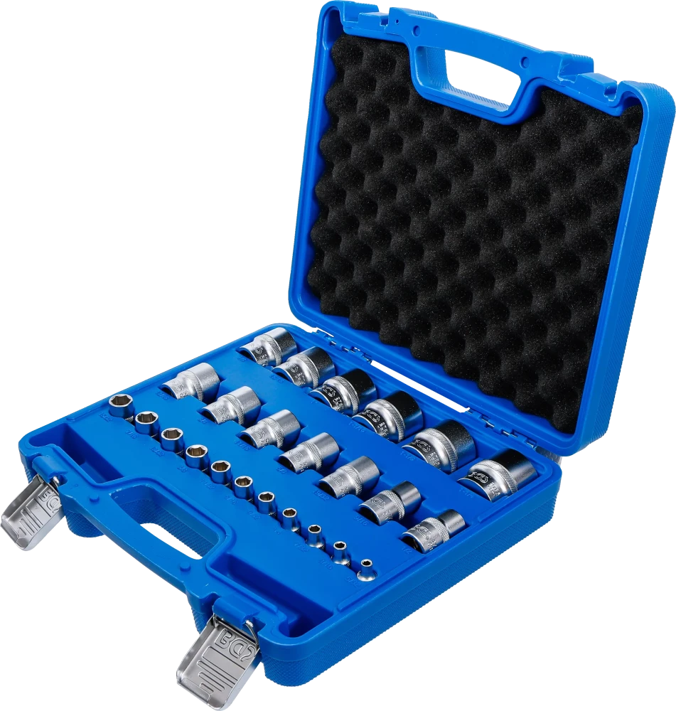 Conjunto de encaixes para chave de caixa, sextavados | Entradas de quadrado interno de 6,3 mm (1/4"), 12,5 mm (1/2") | dimensões em polegadas | 24 peças