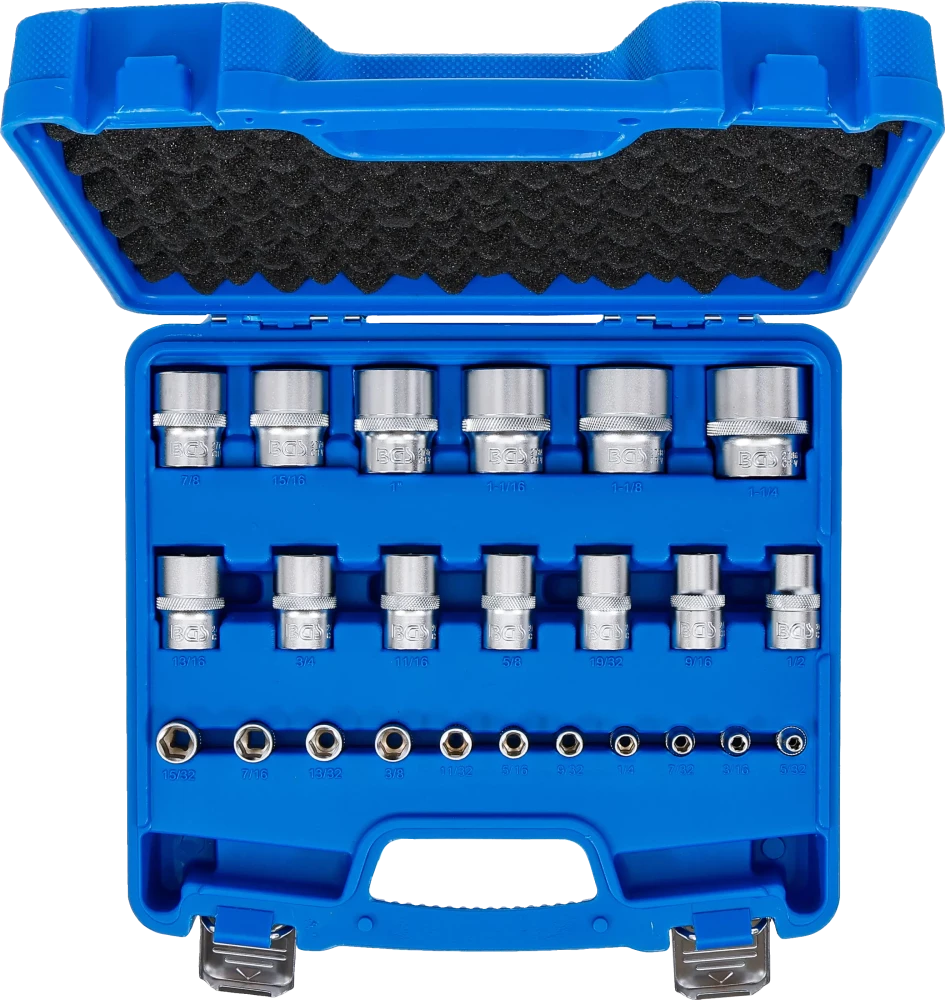 Conjunto de encaixes para chave de caixa, sextavados | Entradas de quadrado interno de 6,3 mm (1/4"), 12,5 mm (1/2") | dimensões em polegadas | 24 peças