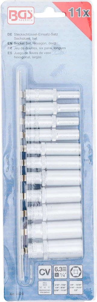 Conjunto de encaixes para chave de caixa sextavados, profundos | Entrada de quadrado interno de 6,3 mm (1/4") | Tamanhos em polegadas | 11 peças