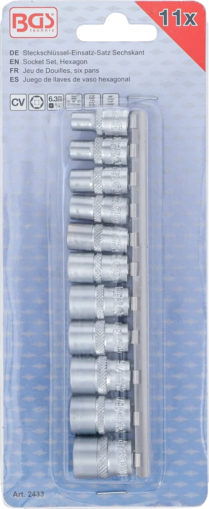 Conjunto de encaixes para chave de caixa sextavados | Entrada de quadrado interno de 6,3 mm (1/4") | Tamanhos em polegadas | 11 peças