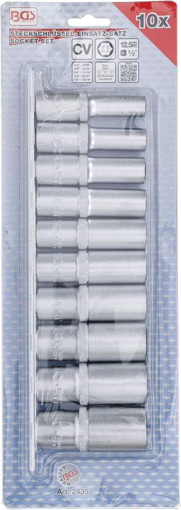 Conjunto de encaixes para chave de caixa sextavados, profundos | Entrada de quadrado interno de 12,5 mm (1/2") | Tamanhos em polegadas | 10 peças