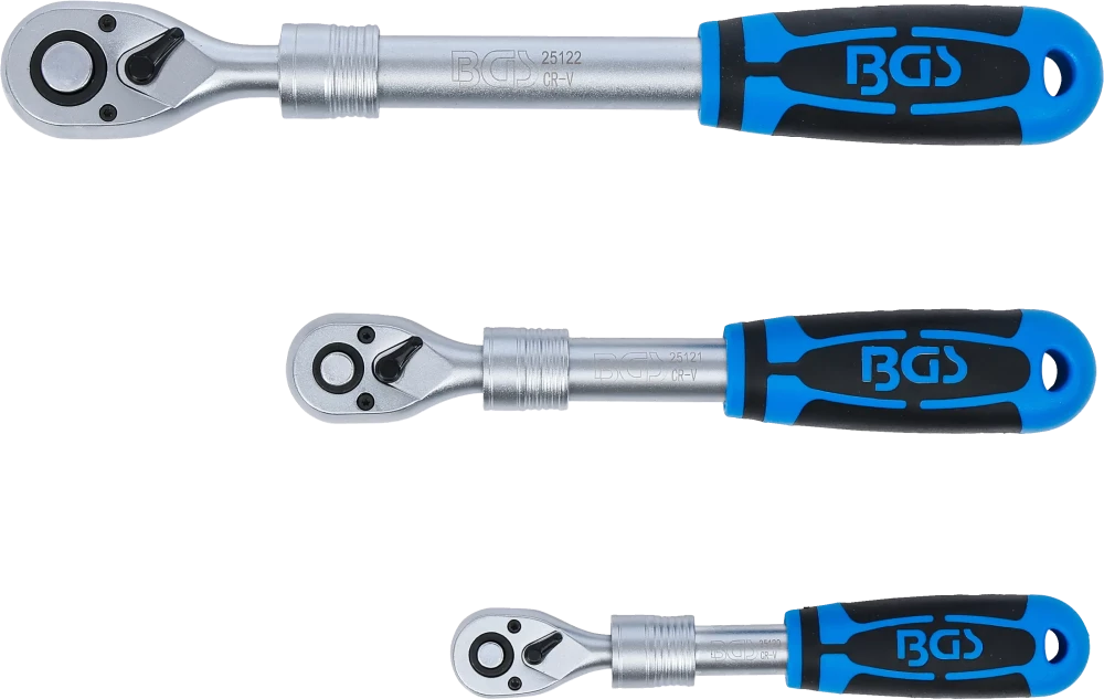 Conjunto de roquetes reversíveis | extensível | Saída de quadrado externo 6,3 mm (1/4") - 10 mm (3/8") - 12,5 mm (1/2") | 3 peças