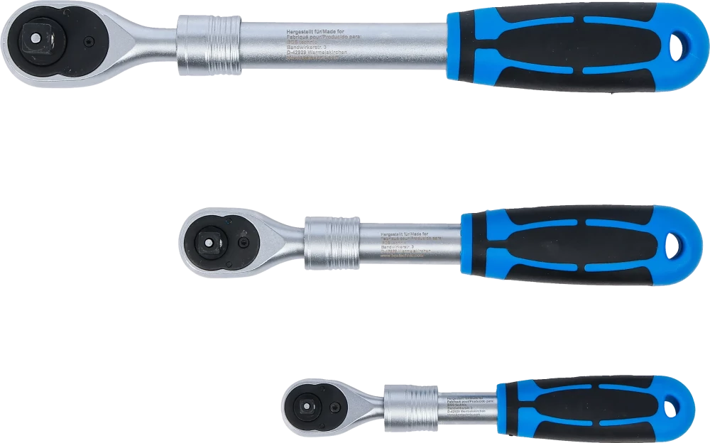 Conjunto de roquetes reversíveis | extensível | Saída de quadrado externo 6,3 mm (1/4") - 10 mm (3/8") - 12,5 mm (1/2") | 3 peças