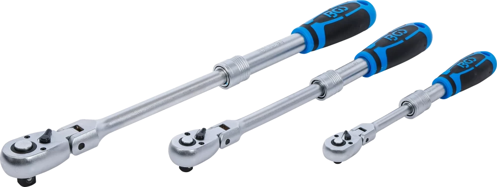 Conjunto de roquetes reversíveis | extensível, articulado | Saída de quadrado externo 6,3 mm (1/4") - 10 mm (3/8") - 12,5 mm (1/2") | 3 peças