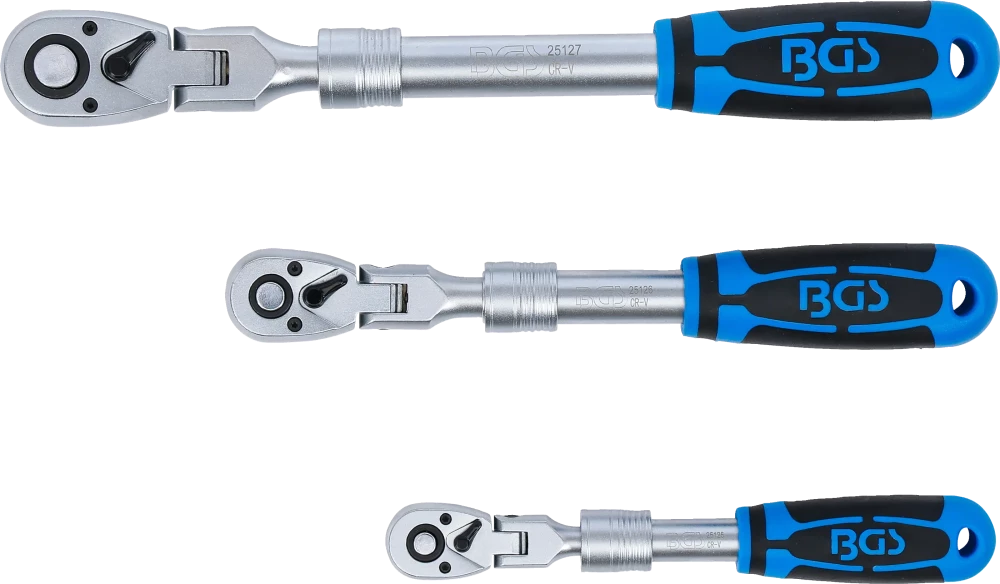 Conjunto de roquetes reversíveis | extensível, articulado | Saída de quadrado externo 6,3 mm (1/4") - 10 mm (3/8") - 12,5 mm (1/2") | 3 peças