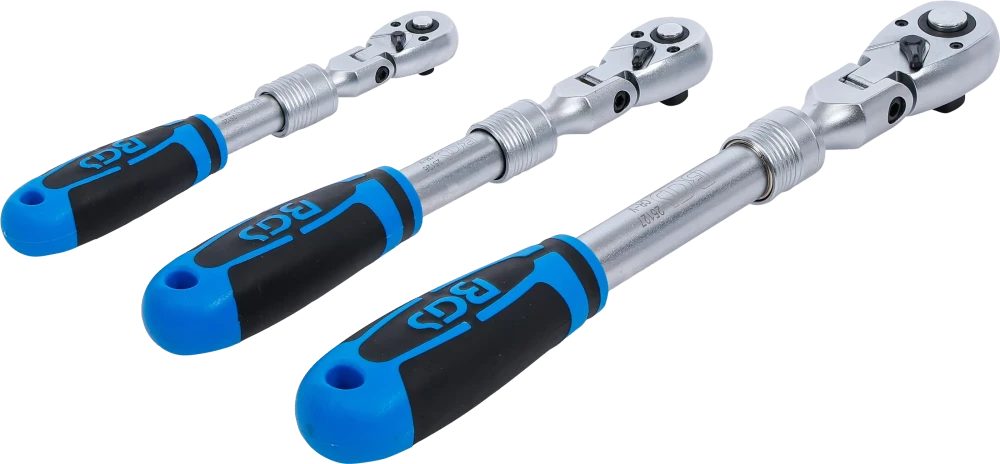 Conjunto de roquetes reversíveis | extensível, articulado | Saída de quadrado externo 6,3 mm (1/4") - 10 mm (3/8") - 12,5 mm (1/2") | 3 peças