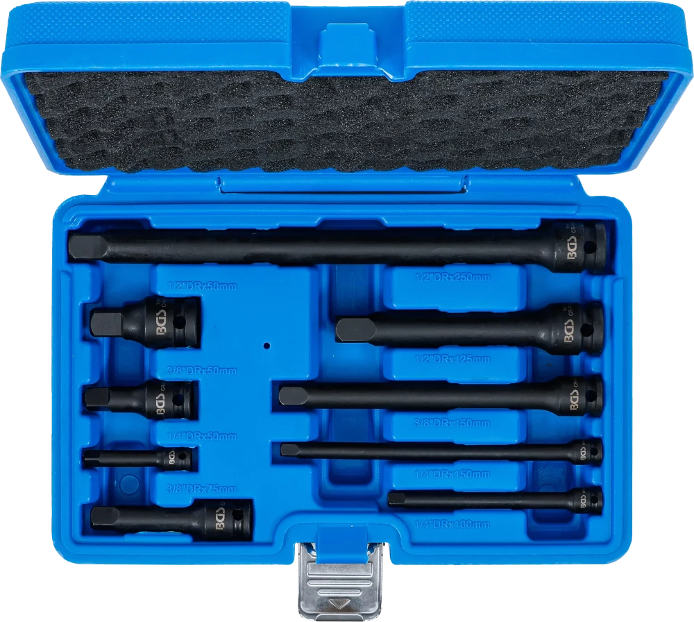 Conjunto de extensão de impacto | 6,3 mm (1/4") / 10 mm (3/8") / 12,5 mm (1/2") | 9 peças