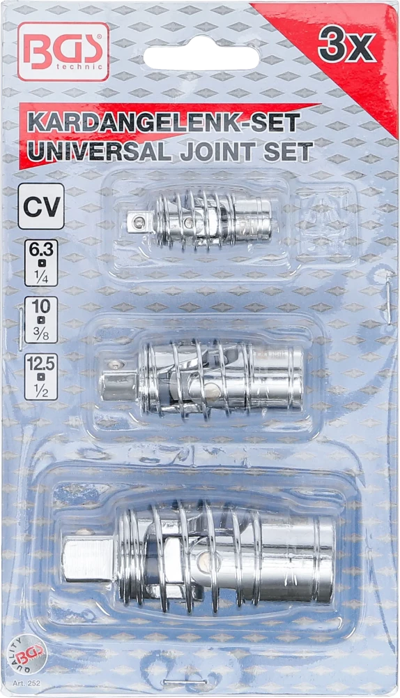 Conjunto de juntas de cardã | com mola | 6,3 mm (1/4") / 10 mm (3/8") / 12,5 mm (1/2") | 3 peças