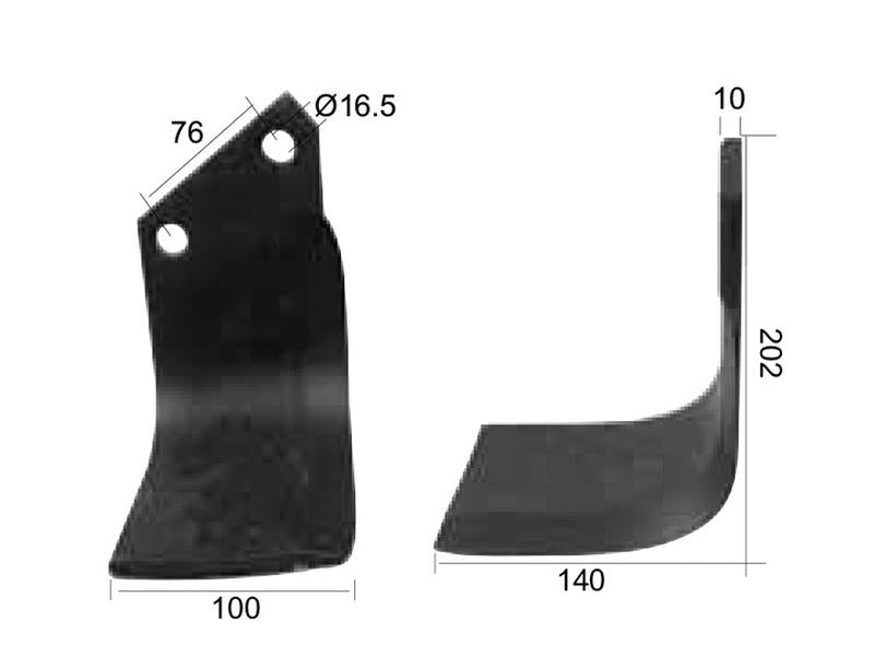 Faca Esq. 100x10mm Altura: 202mm. Centros de orifícios em: 76mm. Orifício Ø: 16.5mm. para Horsch, Howard Aplicavel em: 109960 (S.27435)