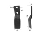 Faca Esq. 60x12mm Altura: 202mm. Centros de orifícios em: 45mm. Orifício Ø: 16.5mm. para Celli Aplicavel em: 422631 (S.27437)